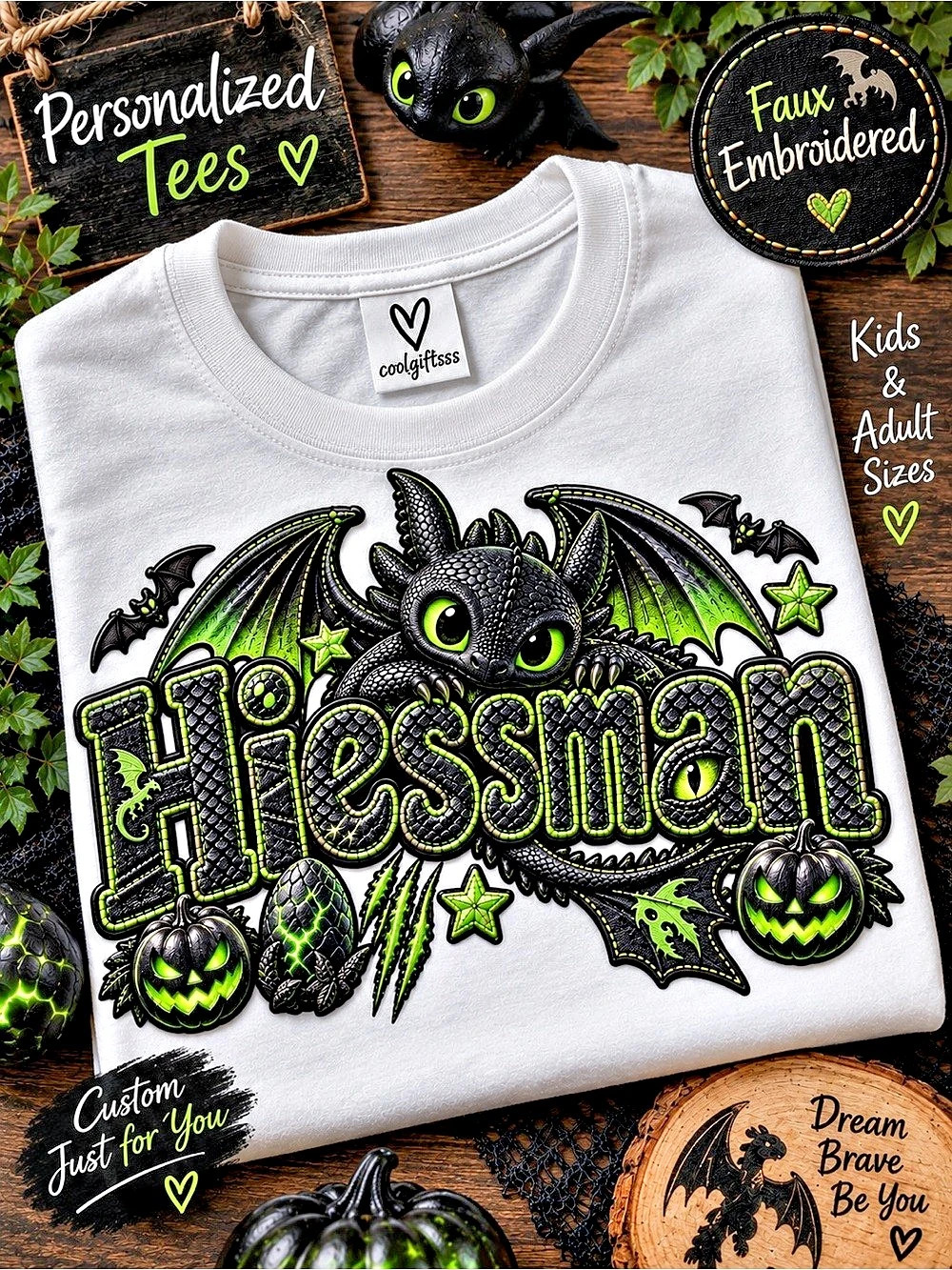 Personalized Dragon Name Tee | Faux Embroidered Halloween Shirt Kids & Adults